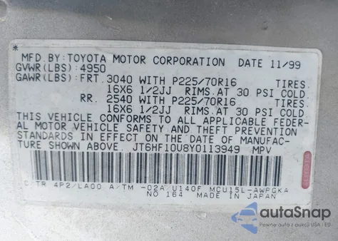 2000 Lexus Rx 300 from USA, damaged, VIN JT6HF10U8Y0113949